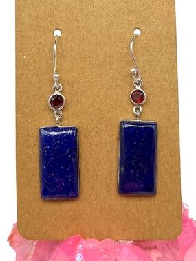 Lapis Lazuli Garnet Earrings Solid 925 Sterling Silver Dangle Drop Blue Stone